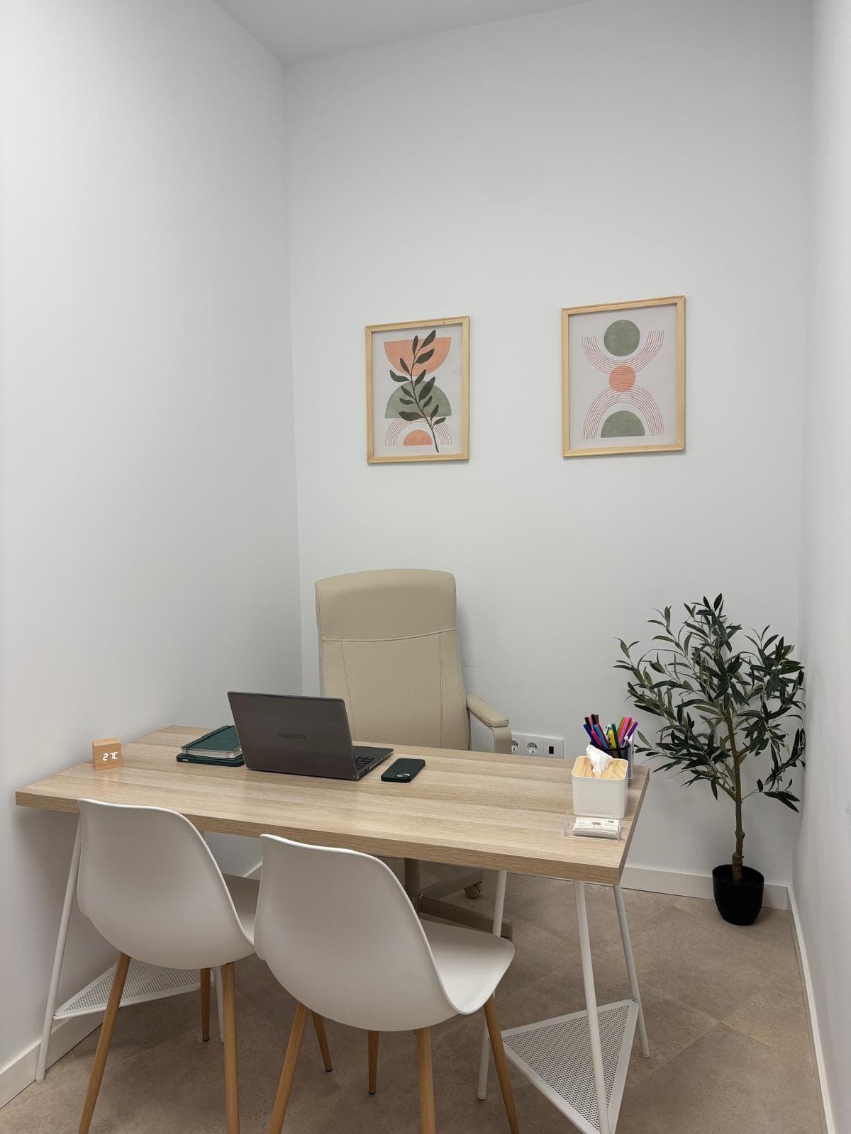 Sala de consulta con mesa de madera, sillas blancas y láminas en la pared